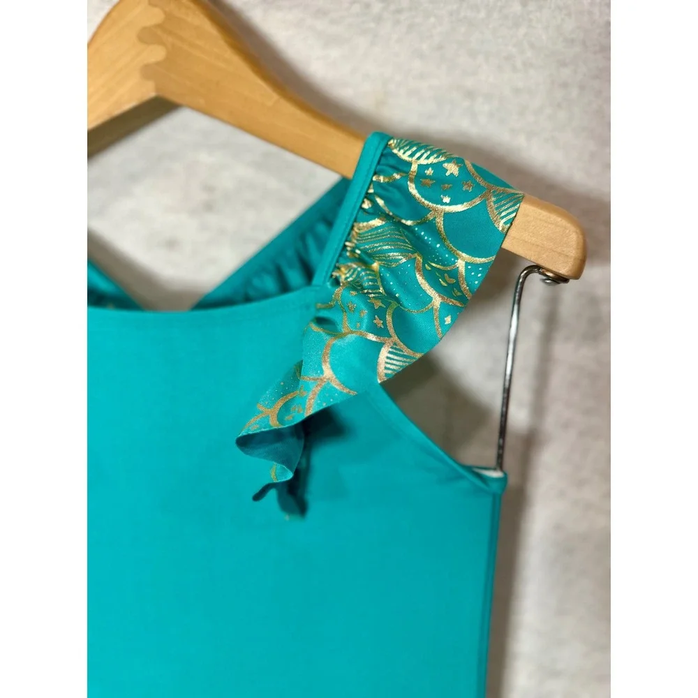 Cat & Jack Girls Teal Mermaid Swimsuit and Skirt Cover Up Set 4T Gold Foil Scale